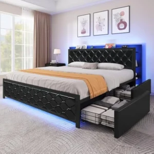 Queen bed frame with led lights, headboard, & 4 storage drawers