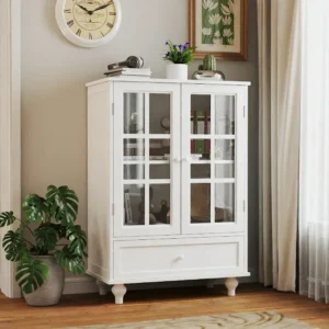 Minimalist White Buffet Cabinet with Double Glass Doors
